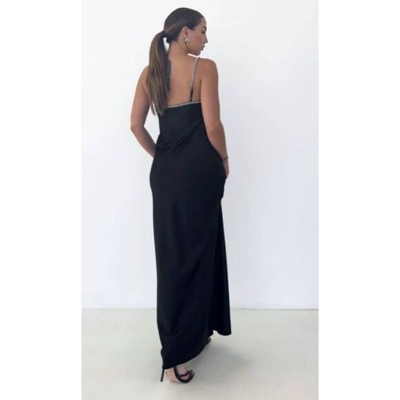 Rumored Diamond Rhinestone Satin Keyhole Slip Maxi Dress Black Cocktail Evening - Picture 2 of 10